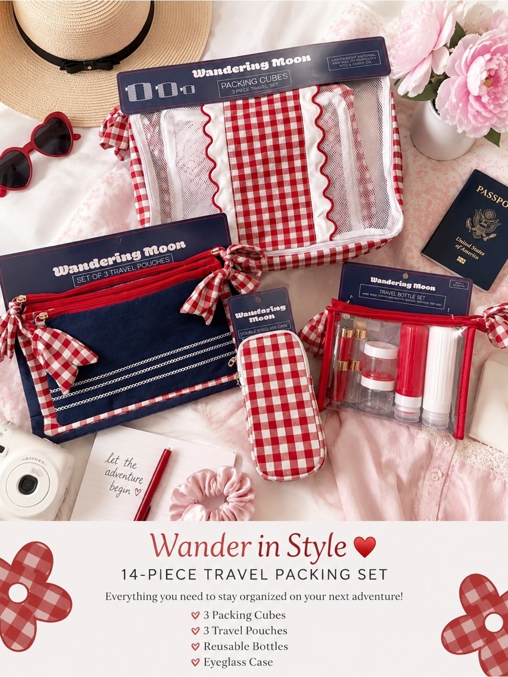 Wandering Moon | Red Gingham Travel Packing Set (14 pc) ♥️